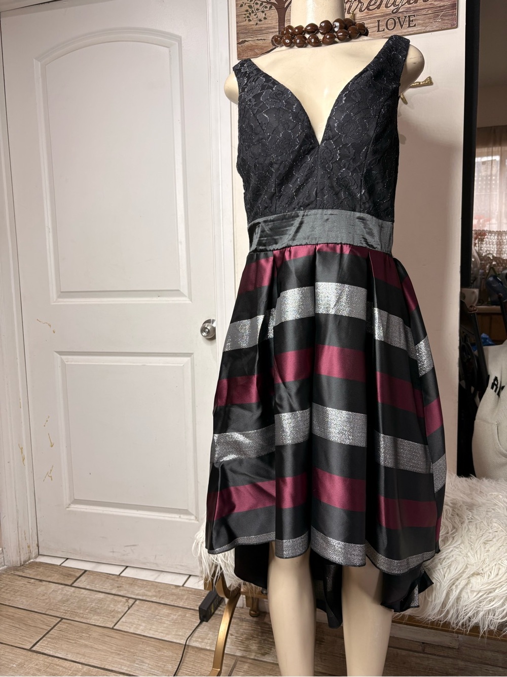 Venus v-neck Lace Bodice Party Dress with Metallic Stripe Skirt